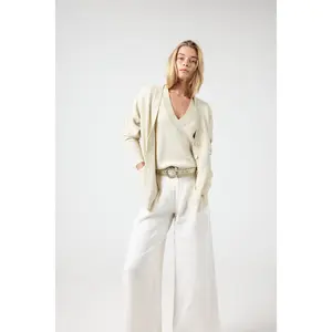 Aspen Lurex Cardigan - Gold, Long Sleeve, Fitted, Casual OL Style, Winter Wear, V-neck, Patch Pockets, Buttons, Knitted, Relaxed Fit