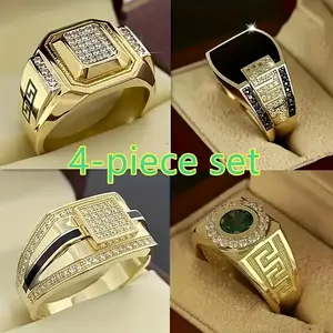 4pc Cuban Chain Ring Set - Timeless Luxury for Gentlemen - Premium Golden Plated with Black Onyx - Classic, Distinguished & Romantic Wedding Bands