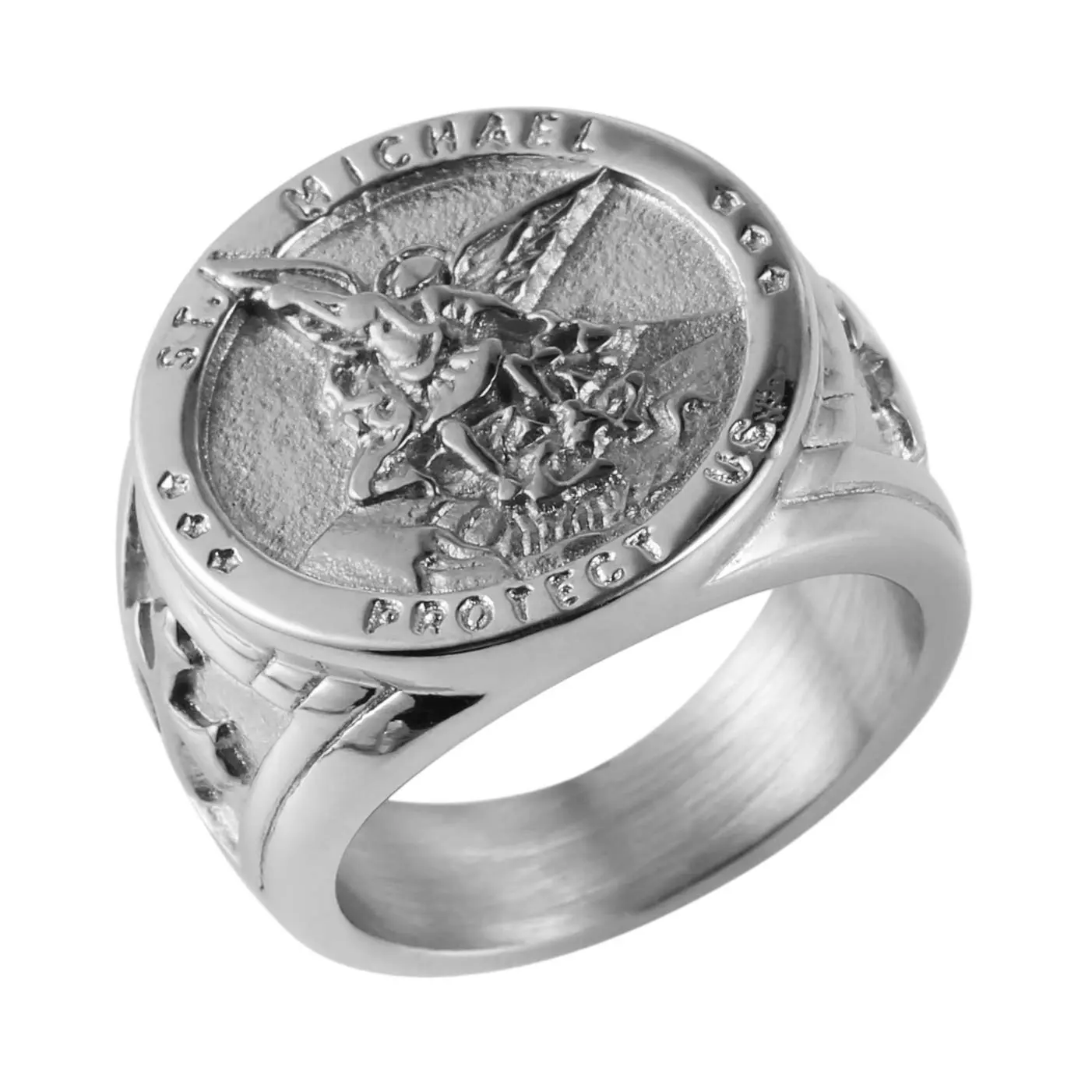 HZMAN St. Michael San Miguel The Great Protector Archangel Defeating Satan Figurine Stainless Steel Amulet Ring
