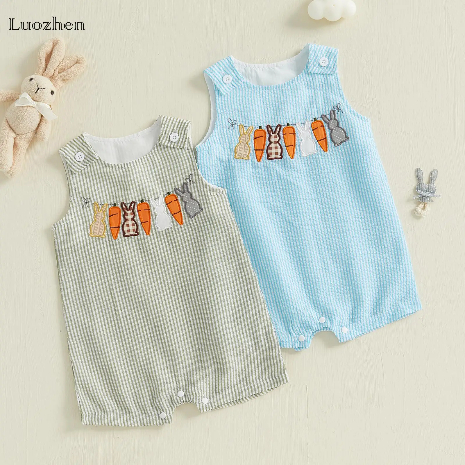 Infant Girls Boys Onesie Easter Sweet Cute Clothes Bunny Carrot Embroidery Sleeveless Baby Baby Onesie Bodysuit