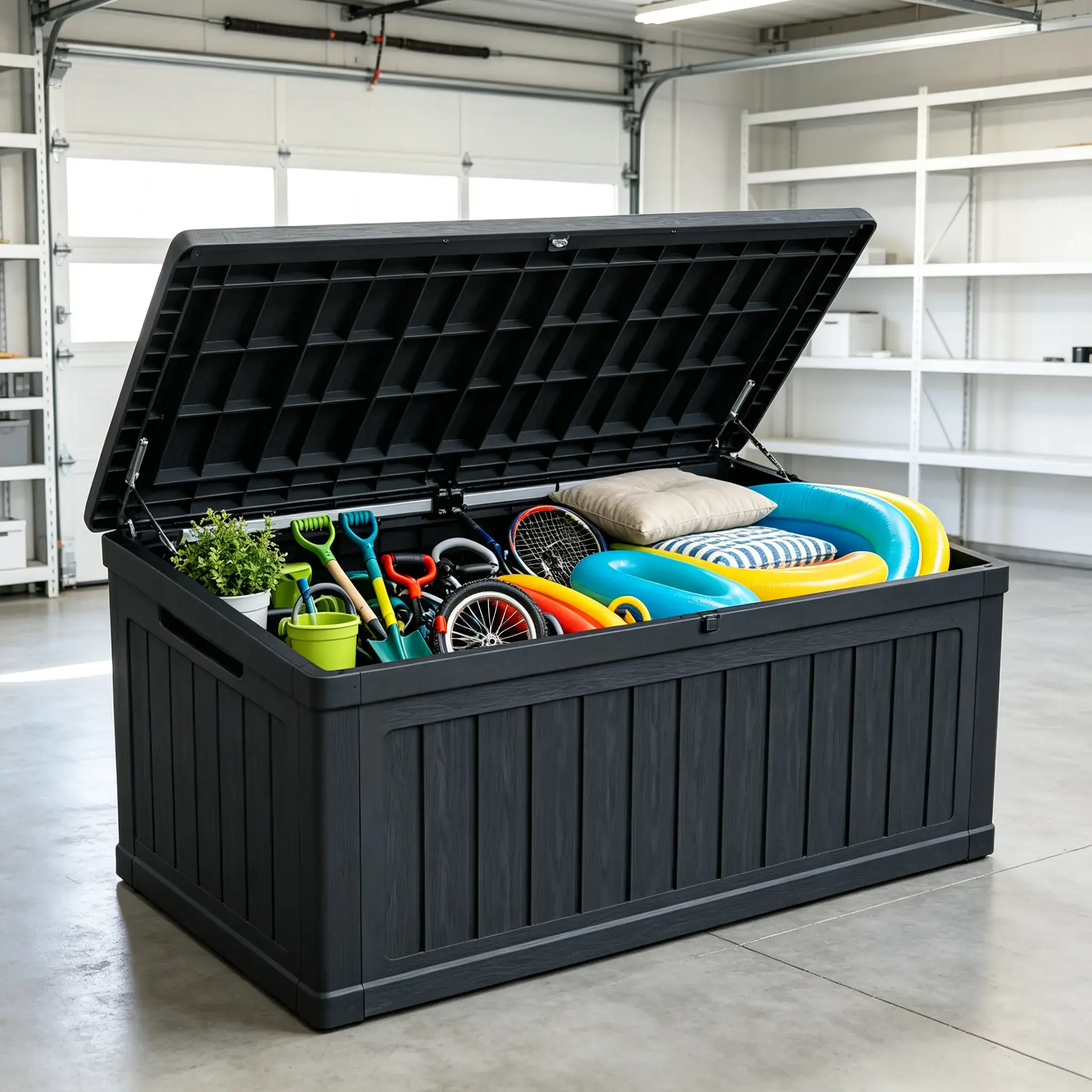XXL 230 Gal Waterproof Resin Lockable Black Outdoor Storage Bench - Patio Deck Box for Outdoor Cushions, Garden Tools