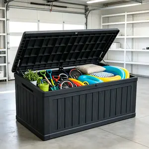 XXL 230 Gal Waterproof Resin Lockable Black Outdoor Storage Bench - Patio Deck Box for Outdoor Cushions, Garden Tools