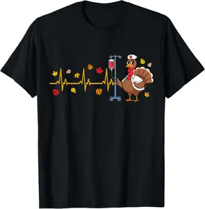 Funny Heartbeat Turkey Nurse Thanksgiving Scrubs Top Fall Casual Short Sleeve Cotton T Shirt
