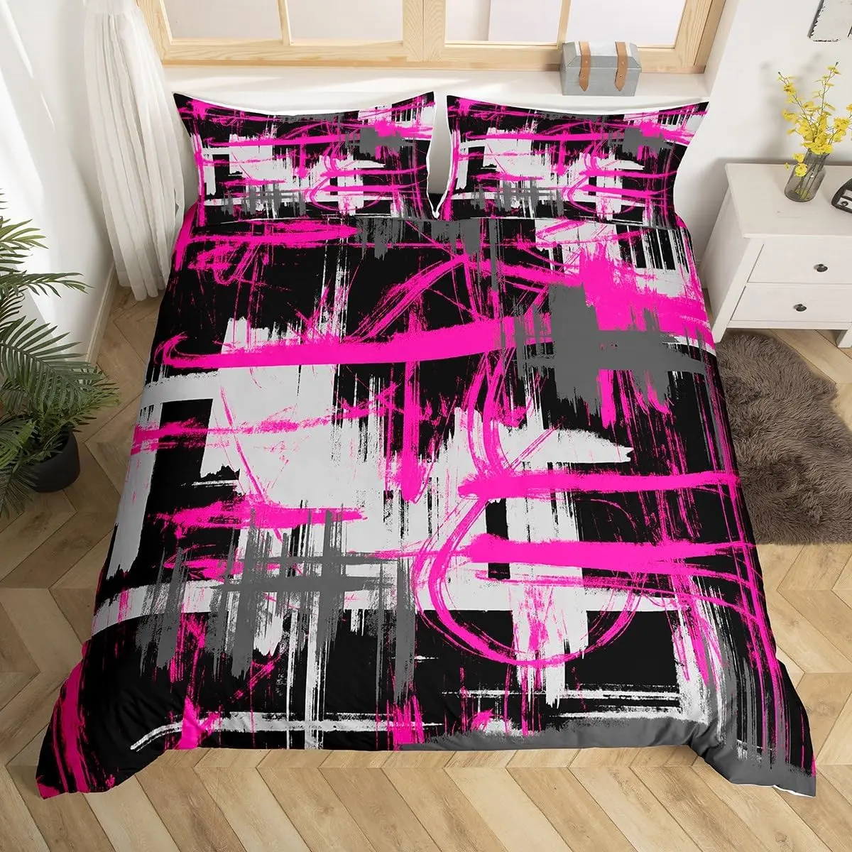 Feelyou Queen Size Hot Pink Black Grey Striped Abstract Modern Geometric Microfiber Duvet Cover Set - Reactive Dyeing, Hidden Zipper Closure, Breathable, Machine Washable, Queen Bedding Sets (No Comforter Included)