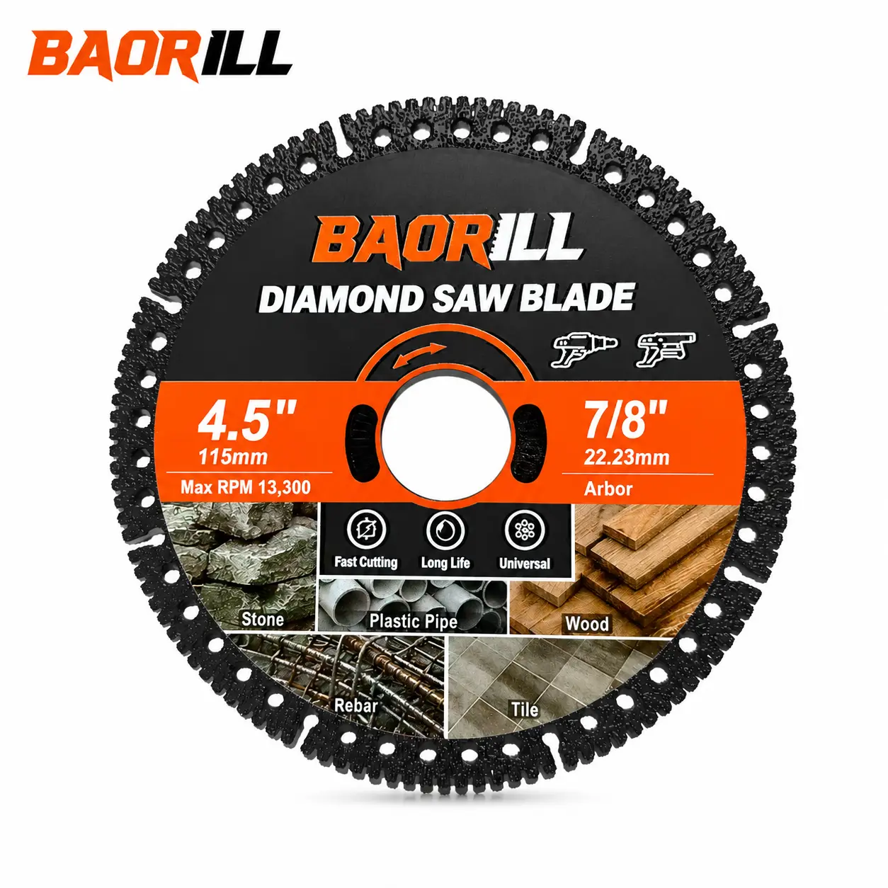 BAORILL 4.5" Ultra Durable Diamond Cutting Disc for Angle Grinder - High-Strength Steel Base, Low Vibration, 13300 RPM Fast Clean Cut, Premium Diamond Segments, Suitable for Stone, Tile, Plastic Pipe & Daily Use