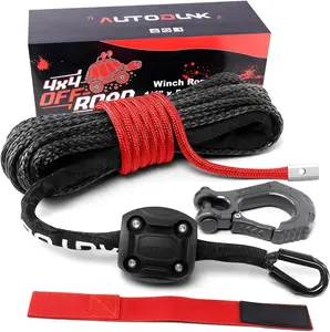 Synthetic Winch Rope  Kit 1/4" x 50 ft 9500Lbs Black Winch Rope Line with Protective Sleeve+Rubber Stopper+Winch Hook+Safety Pull Strap for ATV UTV SUV