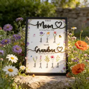 Personalized First Mom New Grandma Birth Flower Wooden Sign,Grandma’s Garden Gift,Custom Family Name Plaque