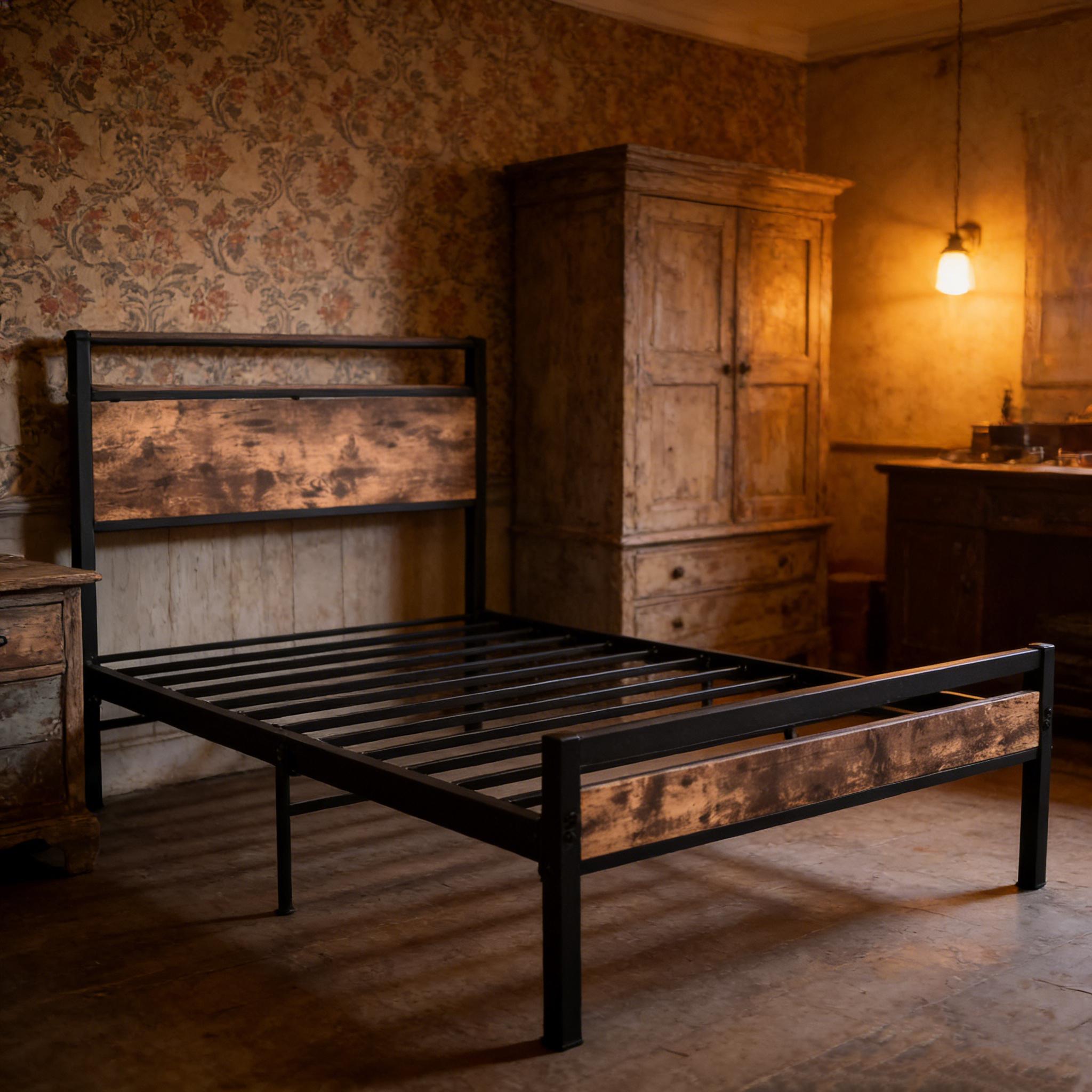 Different Size Metal Platform Bed Frame with Wooden Headboard and Footboard. Features robust metal slat support, no box spring required, delivering exceptional stability and a streamlined, modern aesthetic for your bedroom.