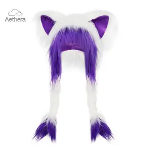 Aethera Fluffy Fursuit Hat with Cat Ears Y2K Anime Aesthetic Furry Headwear Soft Warm Plush Neutral Hat for Comic Con Halloween Daily Wear Alt Subculture Cosplay Costume Accessory