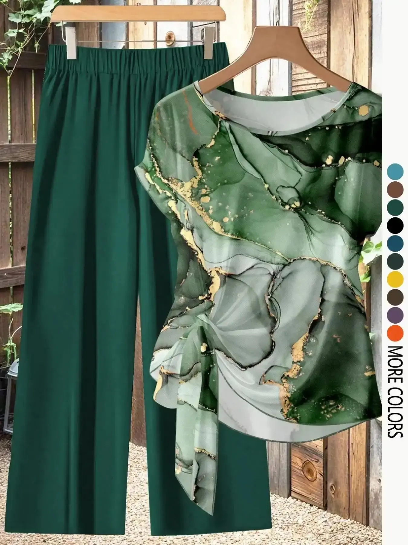 Women's Stunning Casual Printed Knot Shirt and Loose Straight Pants Set, Lightweight, Perfect for Spring and Summer, Comfortable Two-Piece Outfit, effortless layering, chic everyday, refined casual