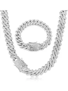 Link Chain Iced Out for Men 14MM Miami Link Choker Necklace Bracelet Set 18K Gold Plated Sparkling Diamond Necklace Bracelet Hip Hop Jewelry for Boys Girls 41/51/56cm