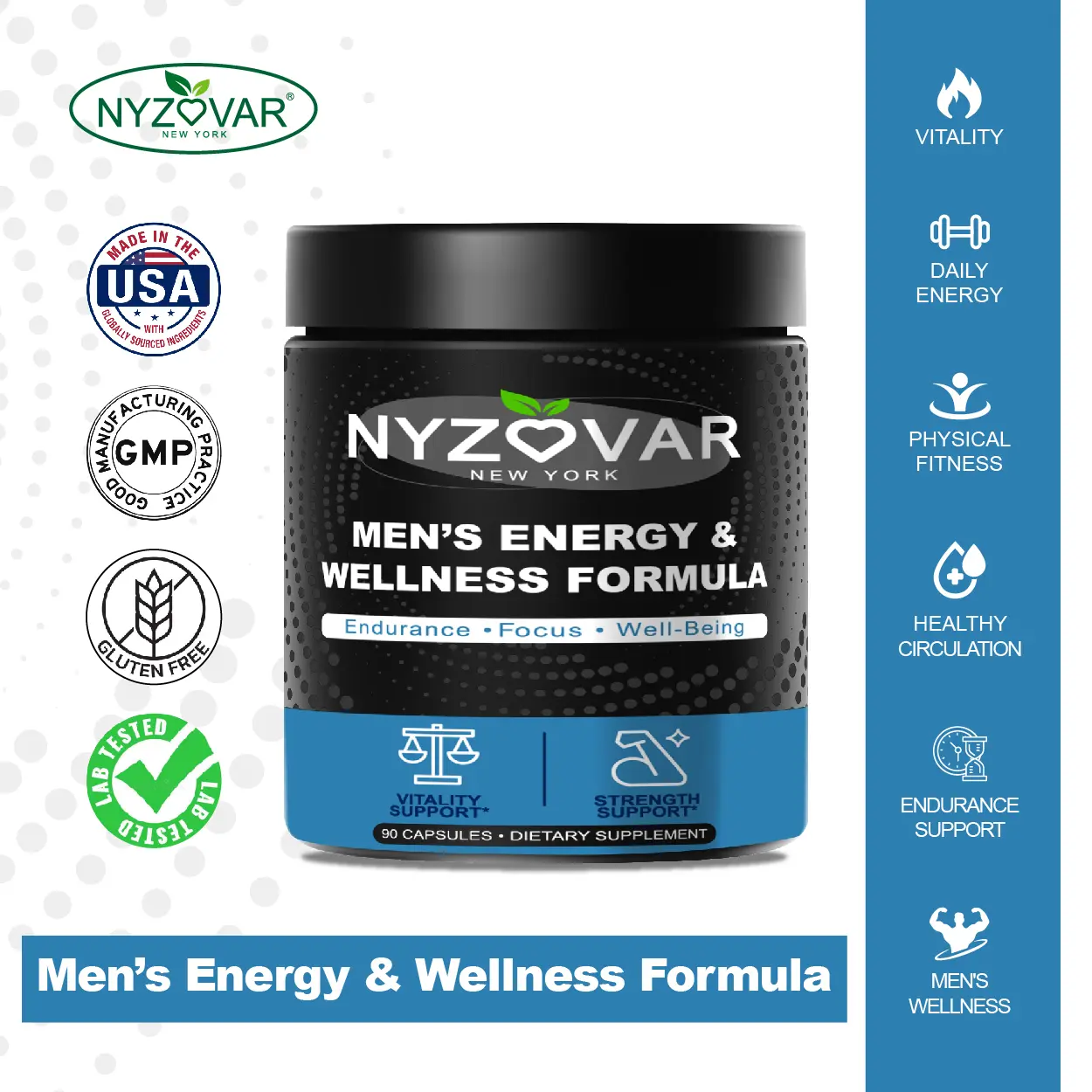 NYZOVAR Men’s Energy & Wellness Formula, Maca Root Extract, L-Arginine & Citrulline with Panax Ginseng, Supports Daily Vitality, Stamina, Blood Flow & Men’s Wellness, Gluten-Free, Vegan, Non-GMO