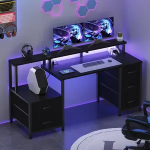 Sweetcrispy 67'' Computer Gaming Desk with 5-Drawer Storage, Monitor Stand, LED Lights, Power Outlets and Printer Cabinet