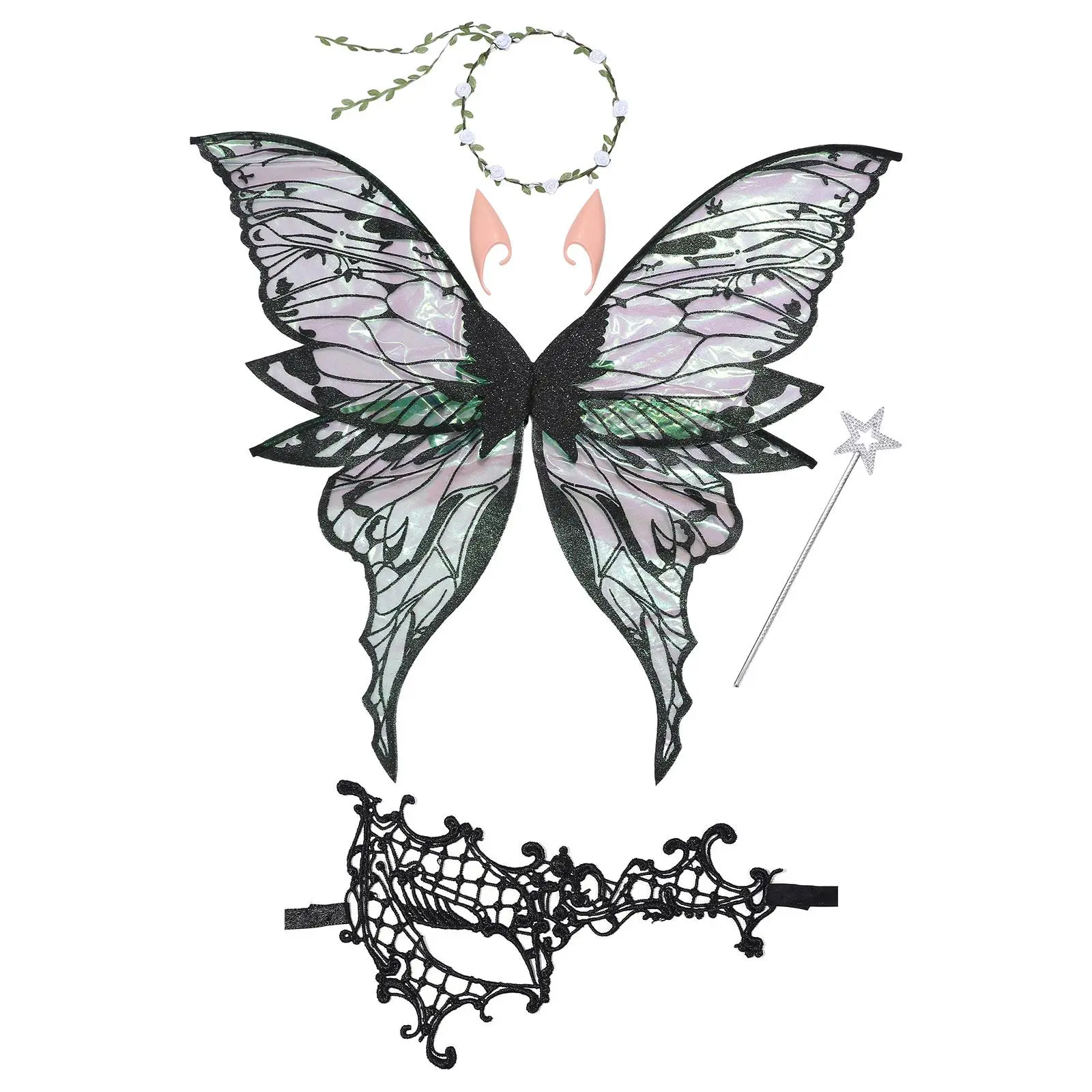 OIDEA Halloween Fairy Wings Costume Set with Black Butterfly Angel Wings, Flower Crown, Elf Ears, Fairy Wand and Venetian Lace Masquerade Mask