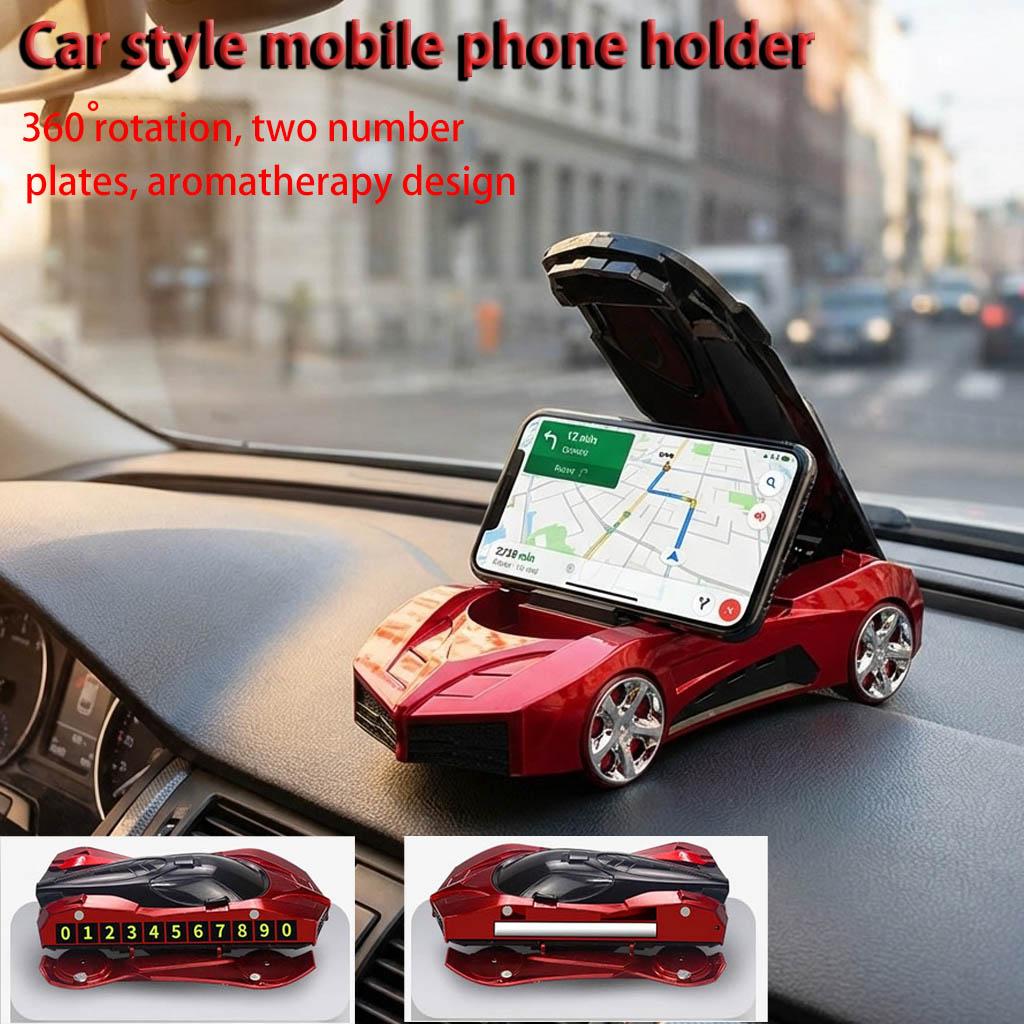 Car racing model mobile phone holder with 360-degree rotatable dashboard, center console mobile phone navigation holder, built-in parking number plate and aromatherapy design, suitable for Apple and Android phones, free number plate + aromatherapy