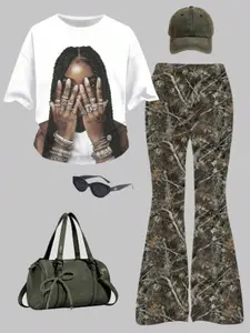 Teen Girls Casual Minimalist Style Fingerprint Tattoo Ring Print Graphic Tee & Wide Leg Pants Clothes Set, Fall New Arrival, Loose Fit Round Neck Short Sleeve