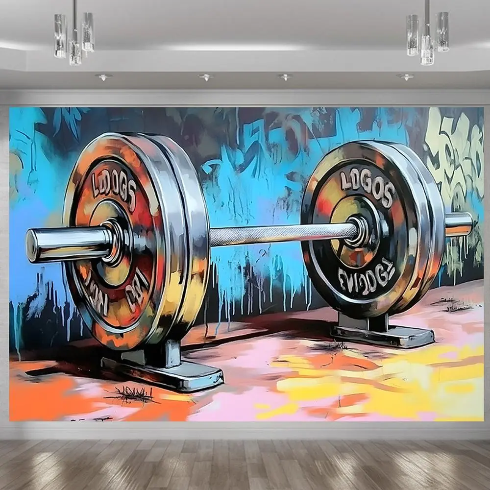 1pc Modern Farmhouse Glow in the Dark Colorful Weightlifting Barbell Gym Theme Party Banner - Vibrant Polyester Party Decoration, Indoor Backdrops, Birthday Event Photo Prop, Mixed Colors, Durable