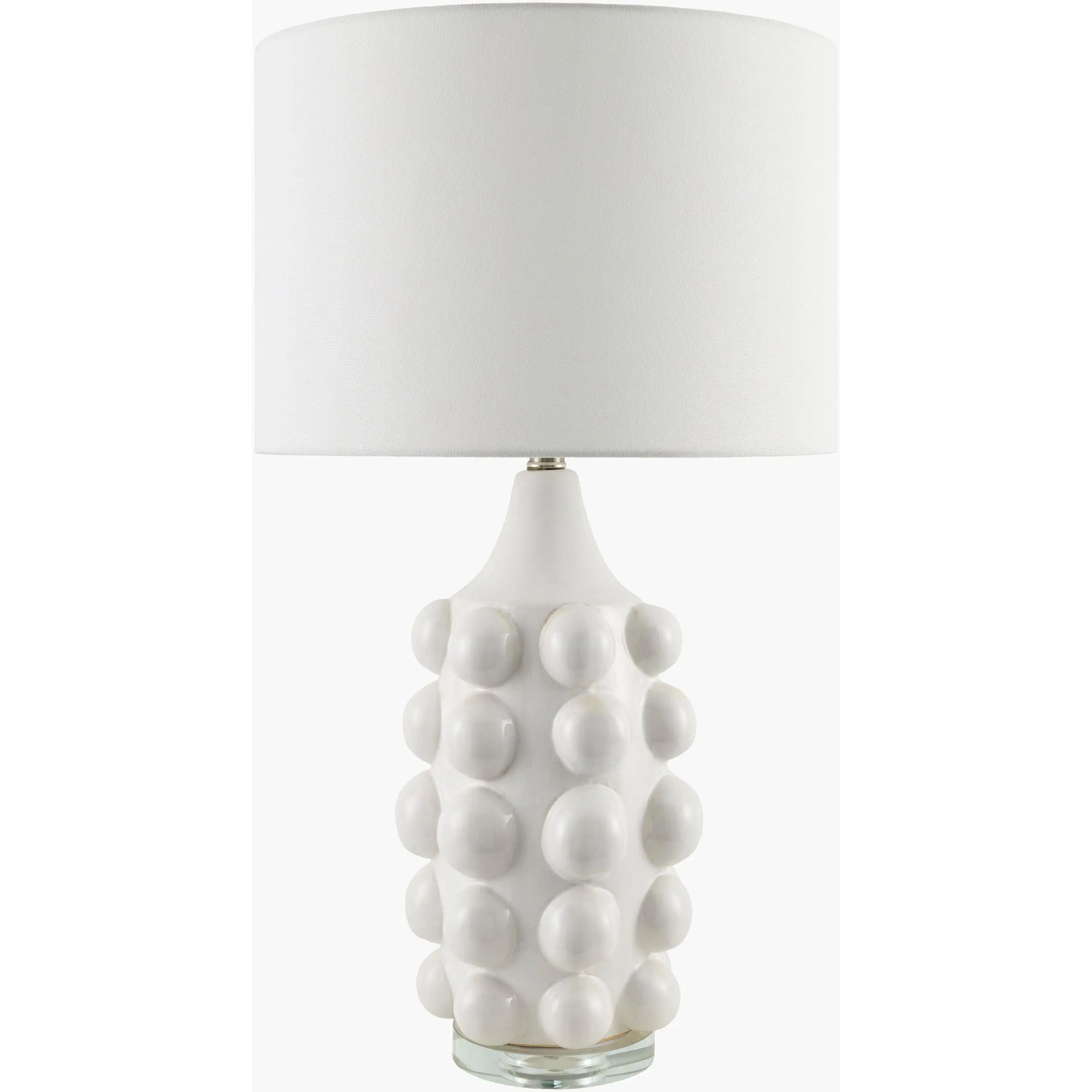 White Contemporary Linen-Detailed Glass Table Lamp - Bedroom Decor Lamp, Decorative Tabletop Lighting for Bedside or Console Tables