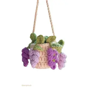 1pc Handmade Crochet Hanging Planter - Colorful Pothos & Grape Design, Creative Car Rearview Mirror Charm, Fabric Yarn Potted Plant Decor for Vehicle Interior, Car Decoratio