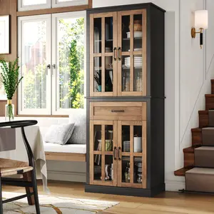 FOTOSOK 71'' Tall Kitchen Cabinet with Glass Doors and Drawer, Freestanding Food Pantry with Adjustable Shelves for Dining, Living Room