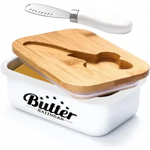 Butter Dish with Lid,  Large Ceramic Butter Dish for Countertop, Butter Keeper with Thick Acacia Wood Lid, Kitchen Decor and Accessories for Kitchen Gifts, White