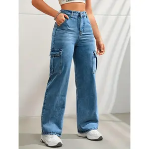Side Flap Pocket High Waist Denim Cargo Pants, Light Washed Casual Slash Pocket Cargo Jeans, Kpop Y2K, Women's Denim Jeans & Clothing