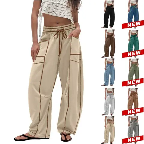 JovenPara Women's High Waist Cotton Blend Sweatpants - Smocked Elastic Waistband, Drawstring Tie, Colorblock, All Season, Casual Comfy Pockets, Raw Hem, Exposed Seams, Roomy Cut Moves With You, Breathable Lounge Bottoms