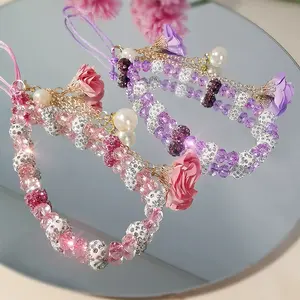 Crystal Bead Flower Phone Chain Elegant Phone Accessories Bag Pendant & Charm for Daily Use