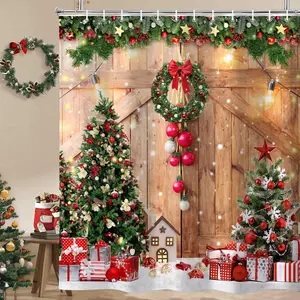 Farmhouse Christmas Shower Curtain for Bathroom, Winter Xmas Tree Home Decor Wooden Barn Door Fabric Shower Curtains, Country Vintage Snowflake,72X72in