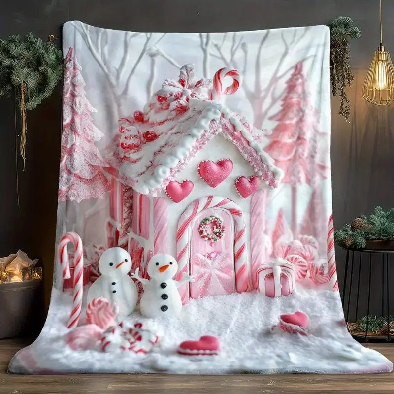 Christmas Gingerbread House Design Flannel Blanket, Soft Warm Plush Throw for Home Bedroom Sofa Travel, Luxury Gift Idea