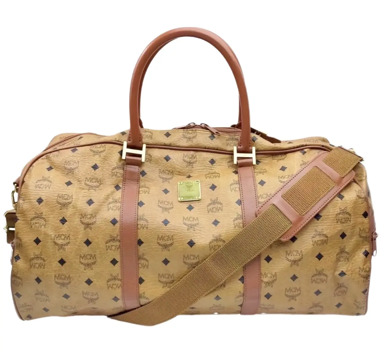 Pre-owned MCM Coated Canvas Luggage Visetos Cognac Weekender Keepall 50 Travel Bag