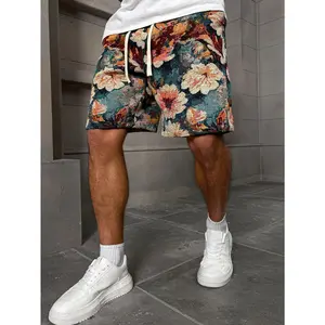 Retro Floral Tapestry Shorts for Men Green & Red Aesthetic Woven Bottoms Menswear Fashion