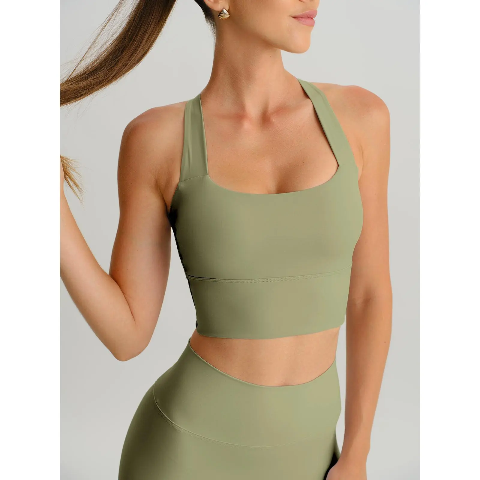 BERLOOK Green Gold Twisted Front Crossed Straps X-Cross Back Sports Bra - Light Support, Breathable Polyamide Blend Fabric, Body-Hugging Stretch-Spandex Fit, Light-Impact Activewear Backstrap Workout Bra