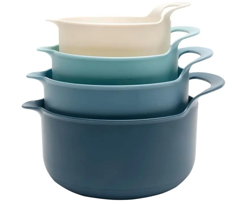 Nesting Plastic Mixing Bowl Set with Pour Spouts and Handles, Blue, 4 Piece Non-Slip