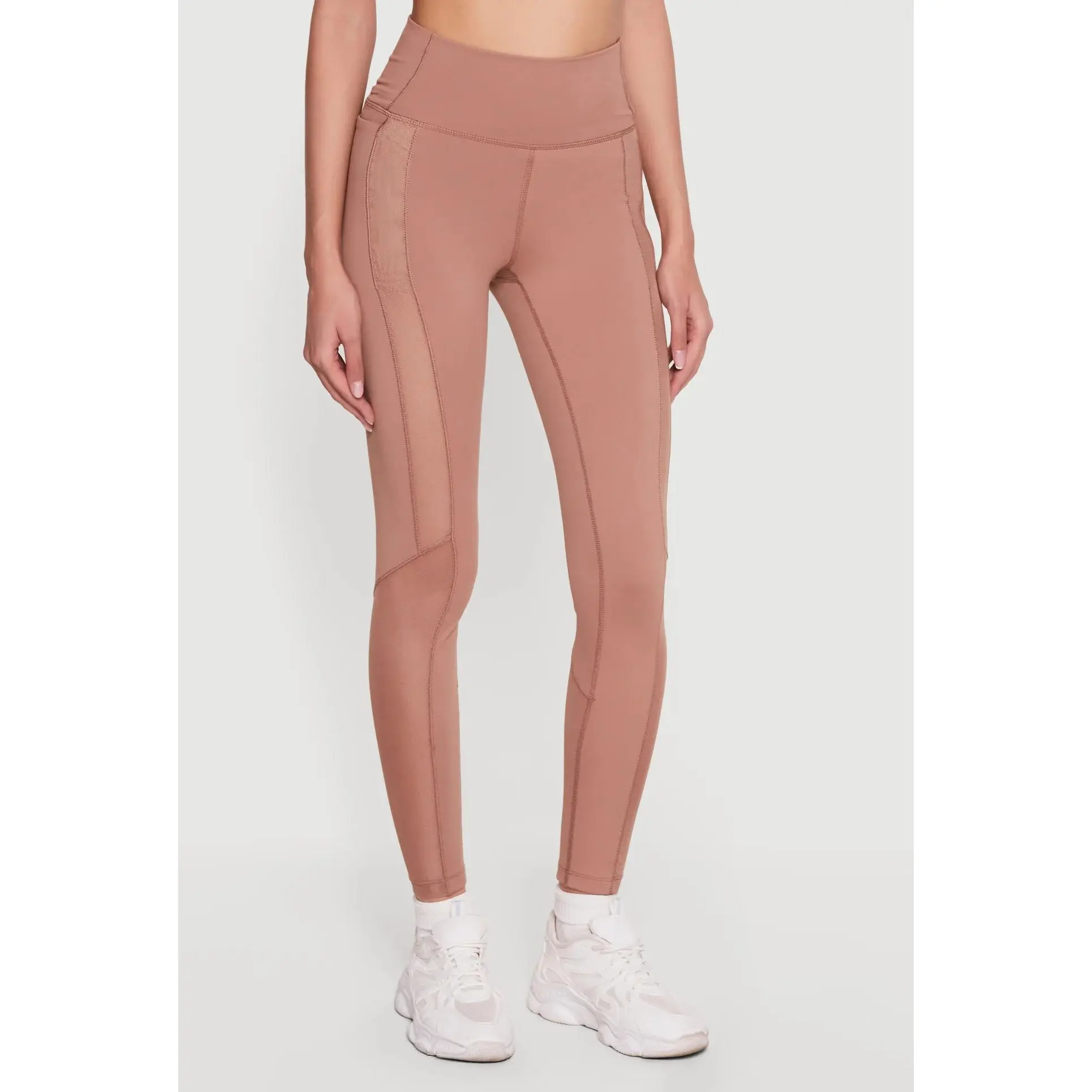 High-Waisted Tan Mesh Side Details Active Fit Leggings with Side Pockets for Workouts & Casual Wear