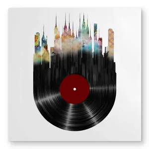 Begin Home Decor C1MP3232N61B3X 32 x 32 in. Abstract City On Vinyl Disk Wall Art - Bedroom Musical Metal Print