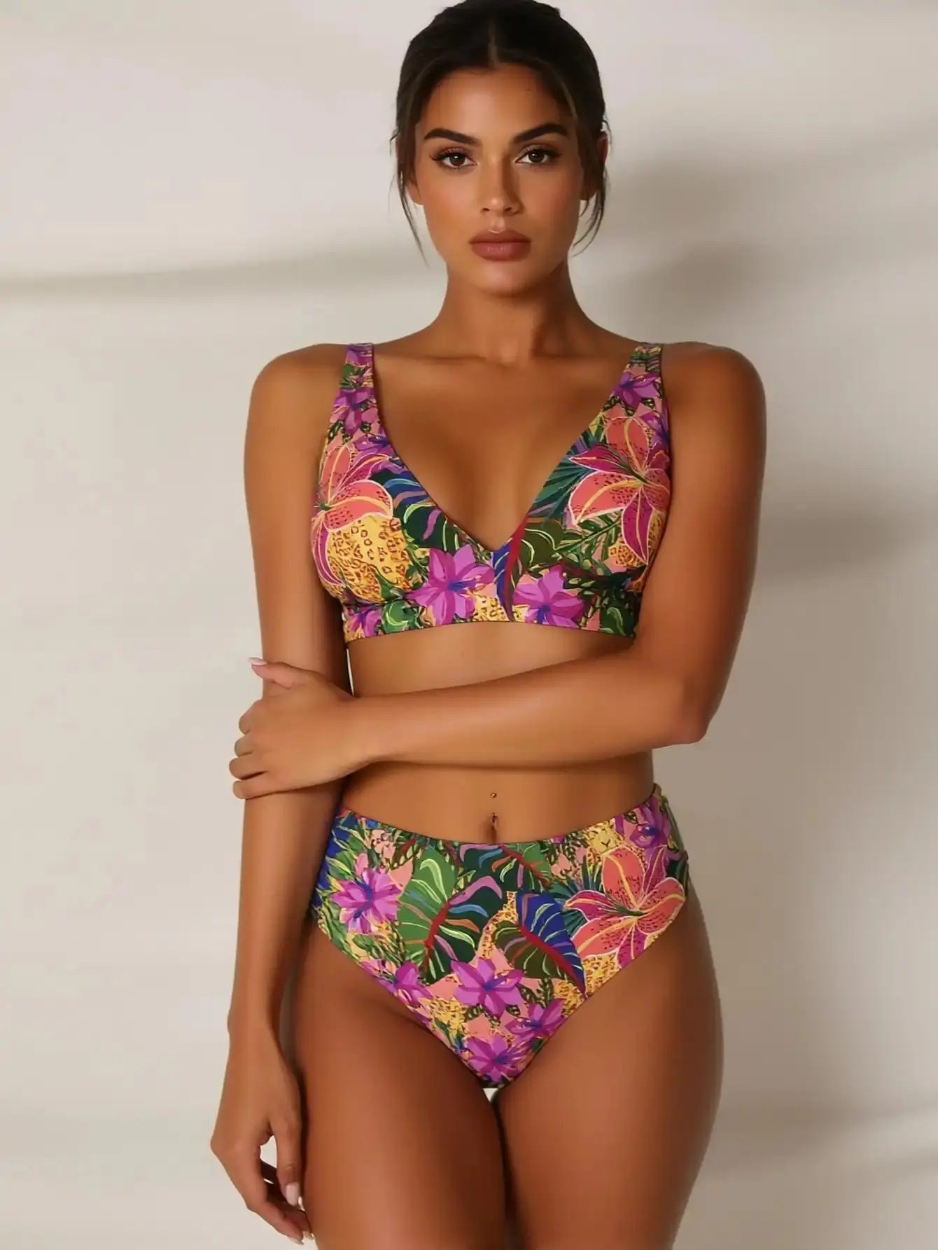 Women's High Waisted Bikini Sets - Tropical Floral Pineapple Allover Print Style V-Neck 2-Piece Swimwear for Beach Girl Aesthetic, Pool Parties (All Size Swim), Stretch, All Body Types, Pineapple Print, Quick Dry, Resort Photoshoots, Soft, Elastic Waist