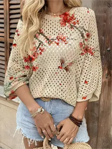 Spring & summer Bohemian knit top, round neck, hollow-out batwing sleeves, loose fit. Contrast floral print, lightweight. Suitable for daily, commute, vacation and beach bikini cover-up, casual and elegant.
