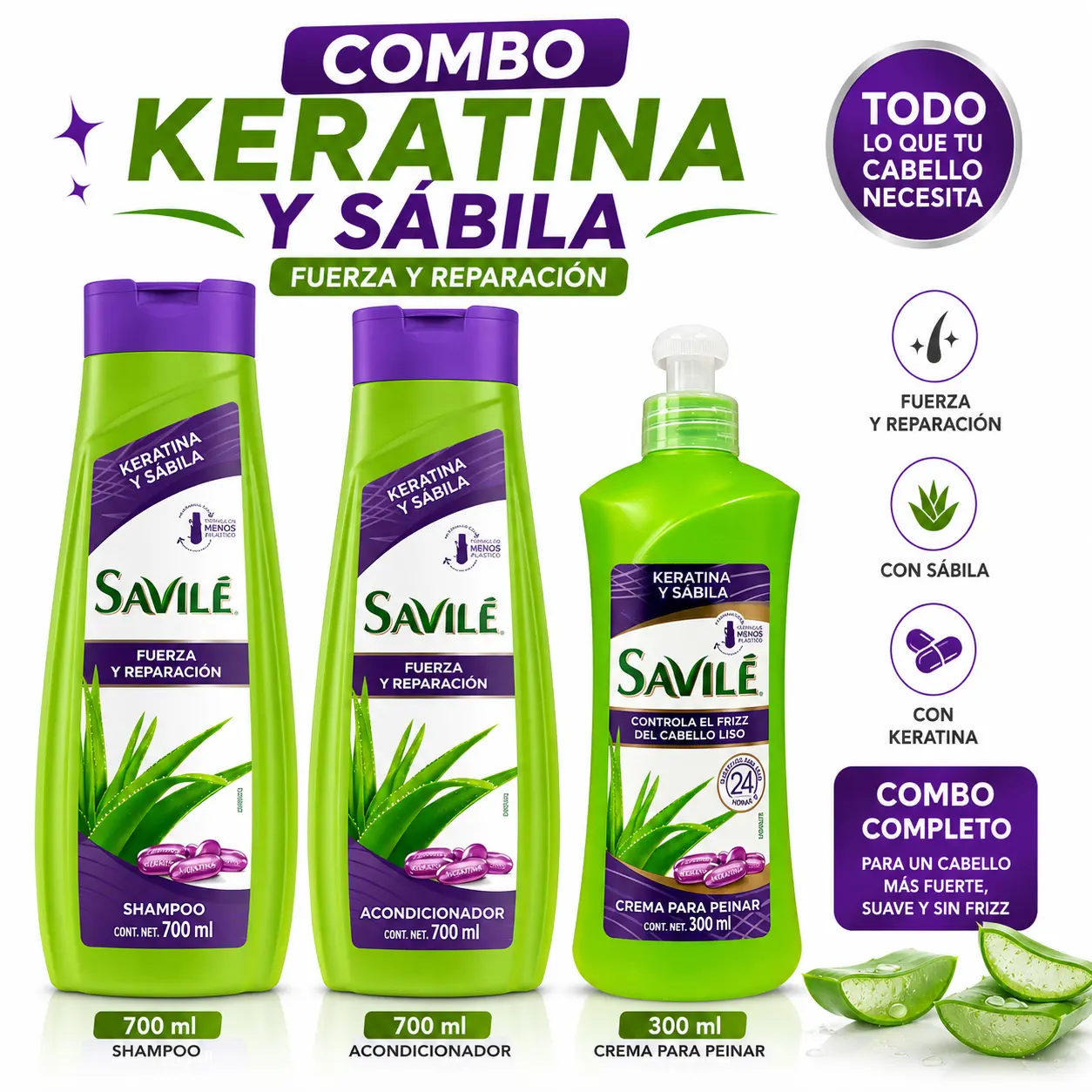 SAVILE COMBO KERATINA Y SABILA Shampoo 700 ml + Conditioner 700 ml + Cream 300ml