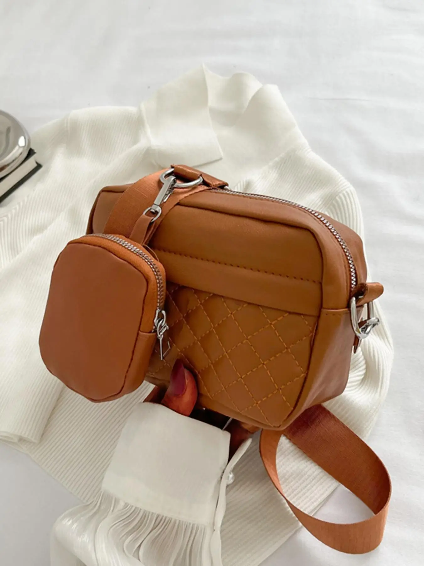 Women's 2 in 1 Fashionable Plain Quilted Pu Leather Crossbody Bag, Large Capacity Casual Small Square Bag, with Coin Purse, Female 2023 Trendy Shoulde