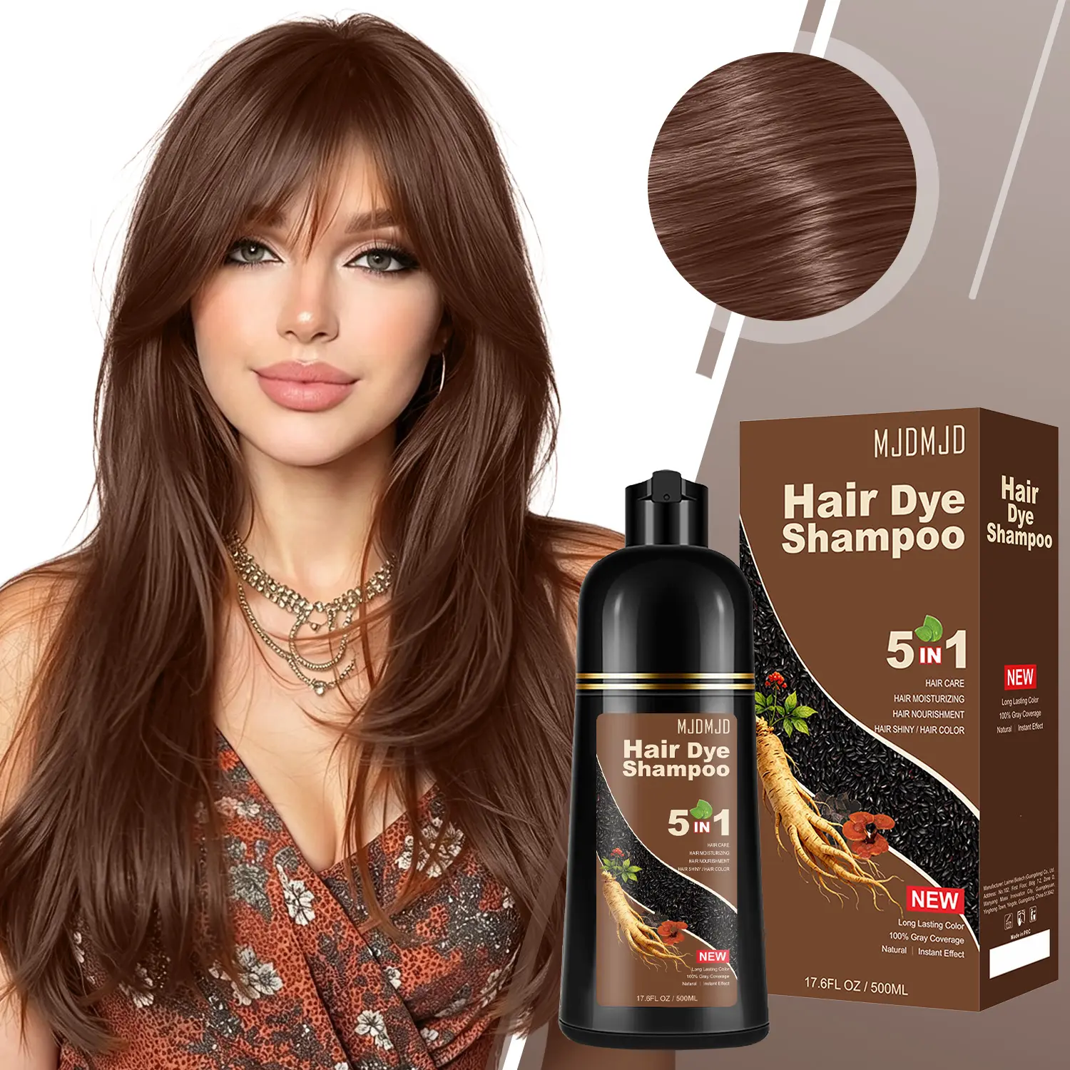Dark Chocolate Hair Color Shampoo 500ml, 5-in-1 Gray Coverage & Root Touch Up, Herbal Ginseng Hair Dye Shampoo, 10-15 Min Easy Coloring, Natural-Looking Long-Lasting Color, Unisex