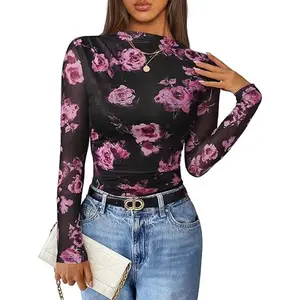 ZESICA Floral Long Sleeve Tops for Women Spring Mesh Mock Neck Ruched Fitted Shirts Going Out Blouses Trendy Clothes