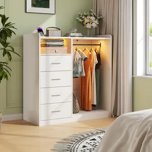 Modern LED Wardrobe Dresser with 4 Drawers & Open Closet Space, RGB Light Up Storage Cabinet, Multifunctional Bedroom Armoire with Hanging Rod & Shelves, White Finish for Bedroom, Closet & Dorm