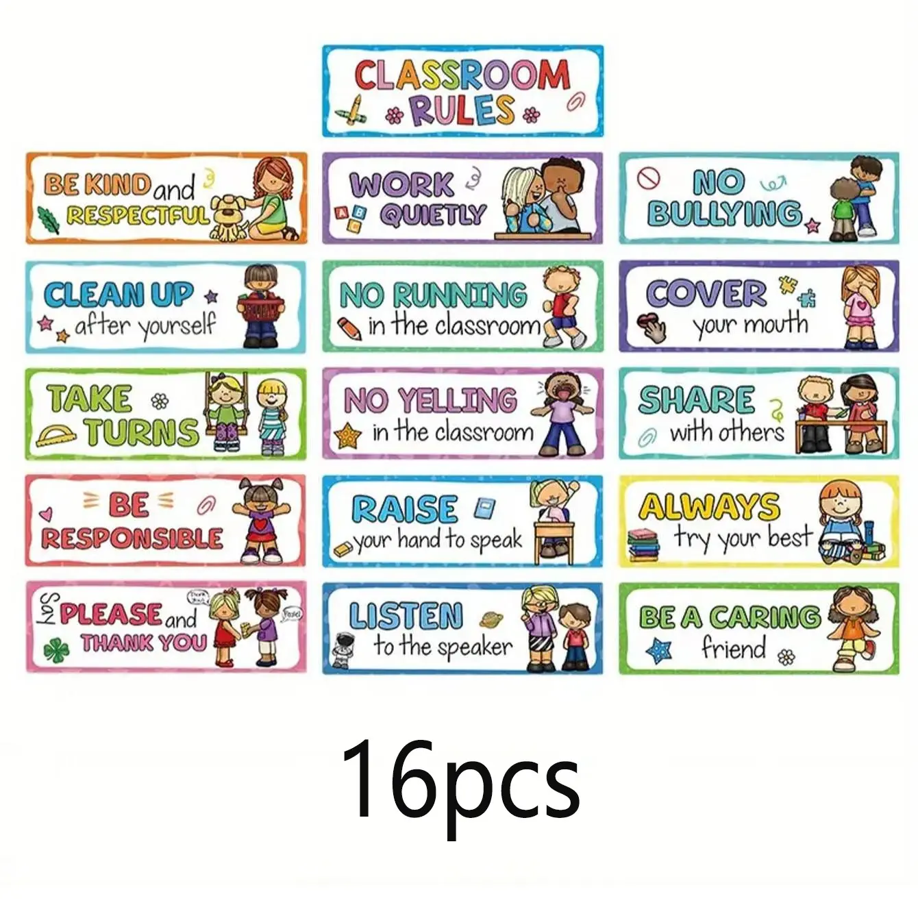 Classroom Rules Poster Set of 16, Durable and Vivid Educational Wall Art for Kids Rooms, Creative Play Space Decoration, Classroom Supplies, Teaching Supplies