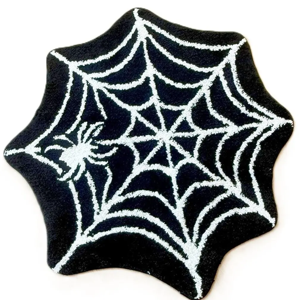 Spider Web Shaped Tufted Rug, Black White Gothic Spider Pattern Fluffy Plush Area Mat, Non-Slip Absorbent Halloween Doormat, Dark Aesthetic Spooky Floor Carpet, Cool Goth Bedroom Bathroom Entryway Decor, Unique Halloween Themed Decorative Rug