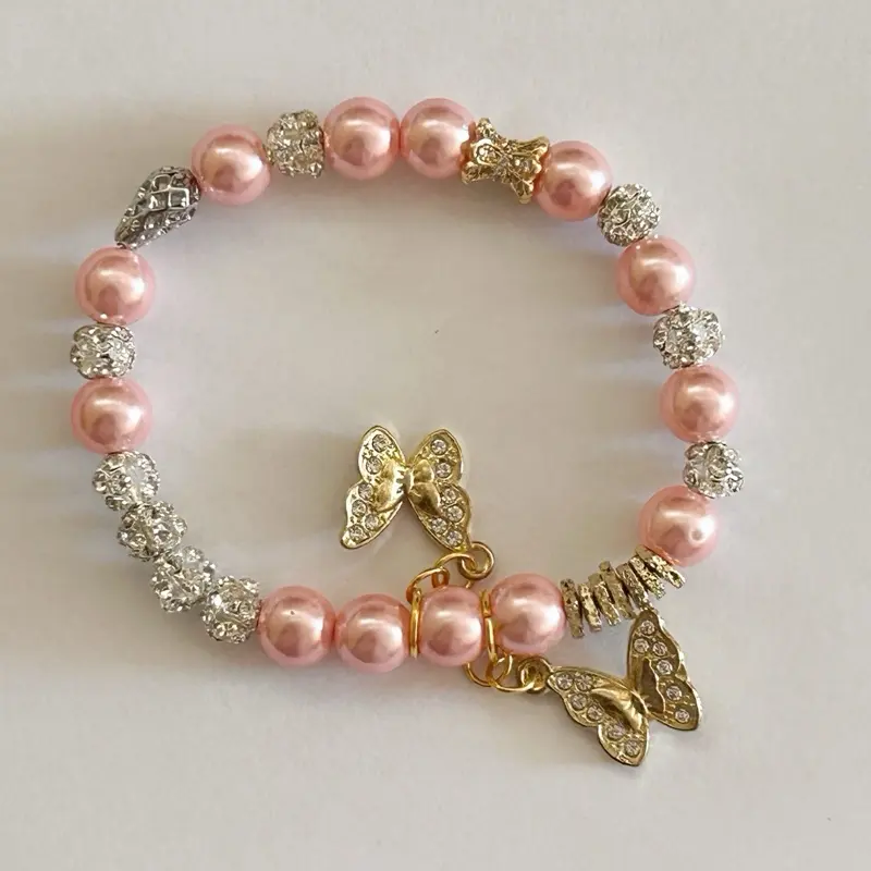 Lovely Girls Love Letter Bracelet Stretchable with Pink Pearls & Crystal Orbs Two Golden Butterflies for Date Nights or Celebrations