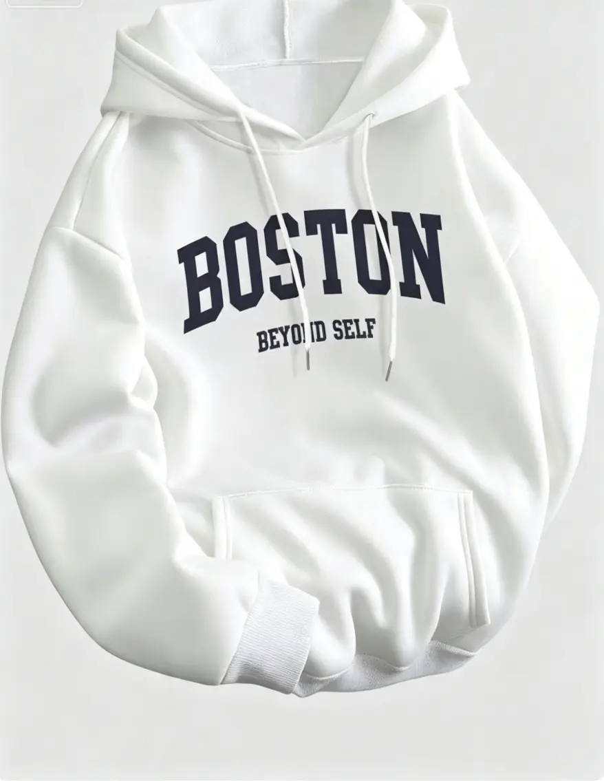 Boston Beyond Self Vintage College Letter Print Pullover Hoodie, Classic City Street Casual Hooded Sweatshirt Black Fleece