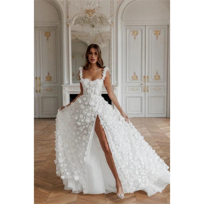 Cathy White 3D Flower Prom Dresses Lace-up Back A-line vestidos de noche Elegant Sleeveless Side High Split Formal Evening 2024 Womenswear Comfort