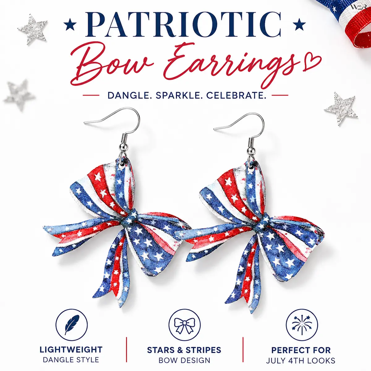 Wooden Bow Knot Flag Charms, Patriotic Dangle Costume Jewelry with Red White & Blue Stars & Stripes, Lightweight Gift for Women, Flag Charm Earrings