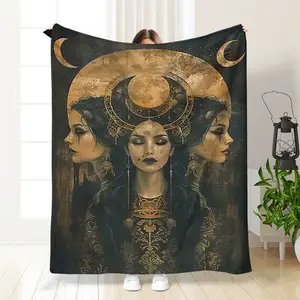 Hecate Triple Goddess Flannel Blanket, Modern Reversible Polyester Throw for Office Nap Home Gift Cartoon Theme Figure Print Blanket